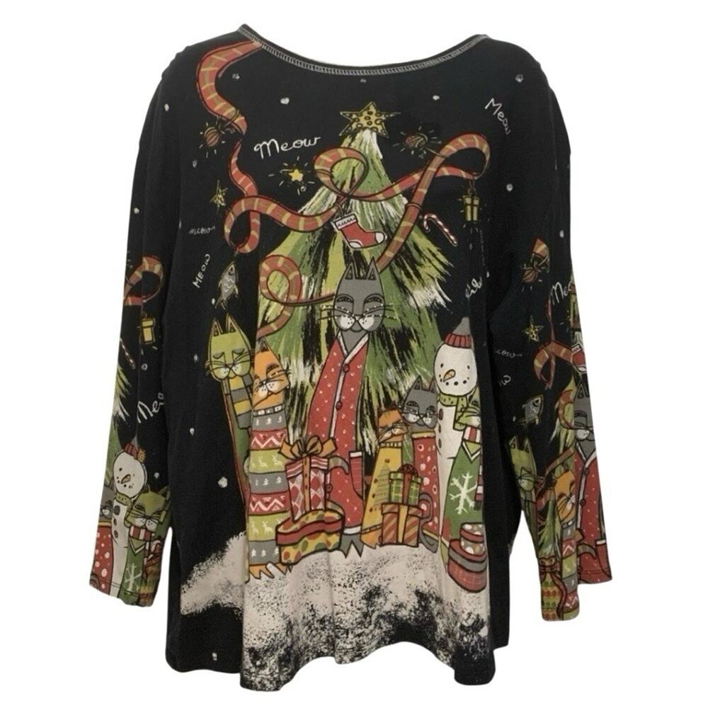 Jess & Jane 2X Christmas Cats Holiday Top Rhinestone Y2K USA Made